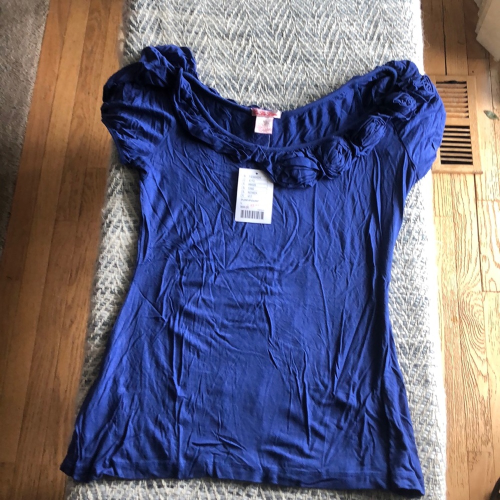 Anthropologie Blue rosebud Appliqué cap sleeve